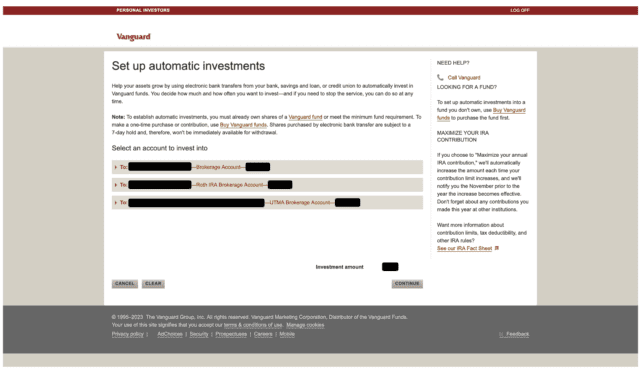 Vanguard Automatic Investing:
Automatic Transactions Screen
(Selecting Accounts)