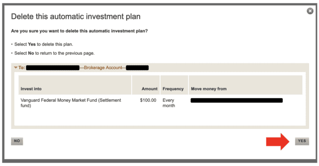 Vanguard Automatic Investing:
Automatic Transactions Screen
(Confirmation to Deleting Automatic Contribution)